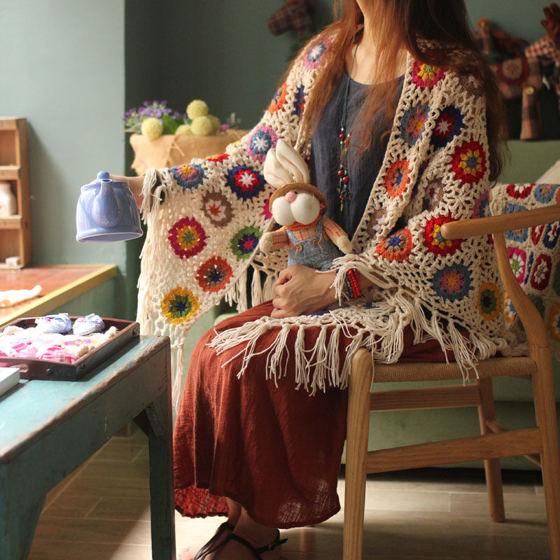 2022 Pure Handmade Retro Mori Girl Mori Arts Fan Knit Hollow Scarf - General Store 44