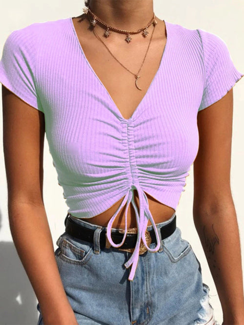 Sexy V Neck Cropped Tank Tops Women Drawstring Tie Up Front Camis - General Store 44