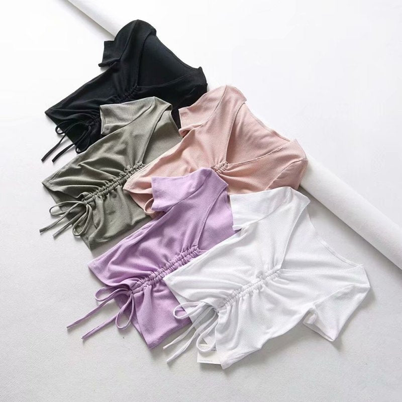 Sexy V Neck Cropped Tank Tops Women Drawstring Tie Up Front Camis - General Store 44