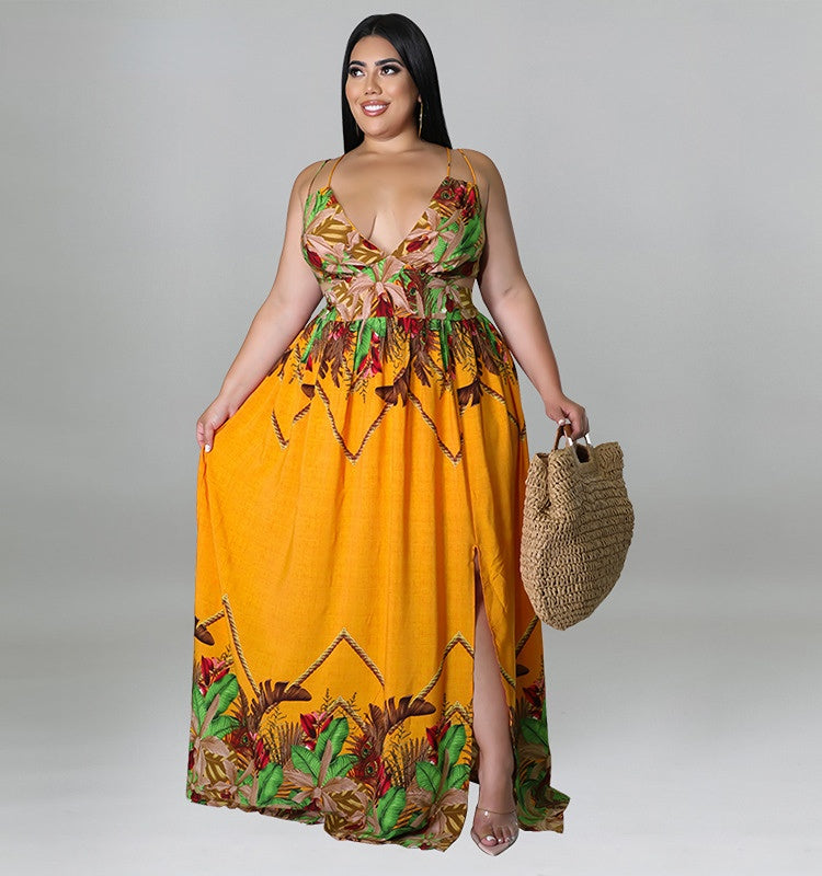 Plus Size Women Floral Spaghetti Strap V-neck High Waist Boho Maxi - General Store 44