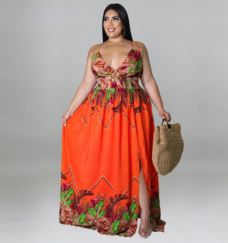 Plus Size Women Floral Spaghetti Strap V-neck High Waist Boho Maxi - General Store 44