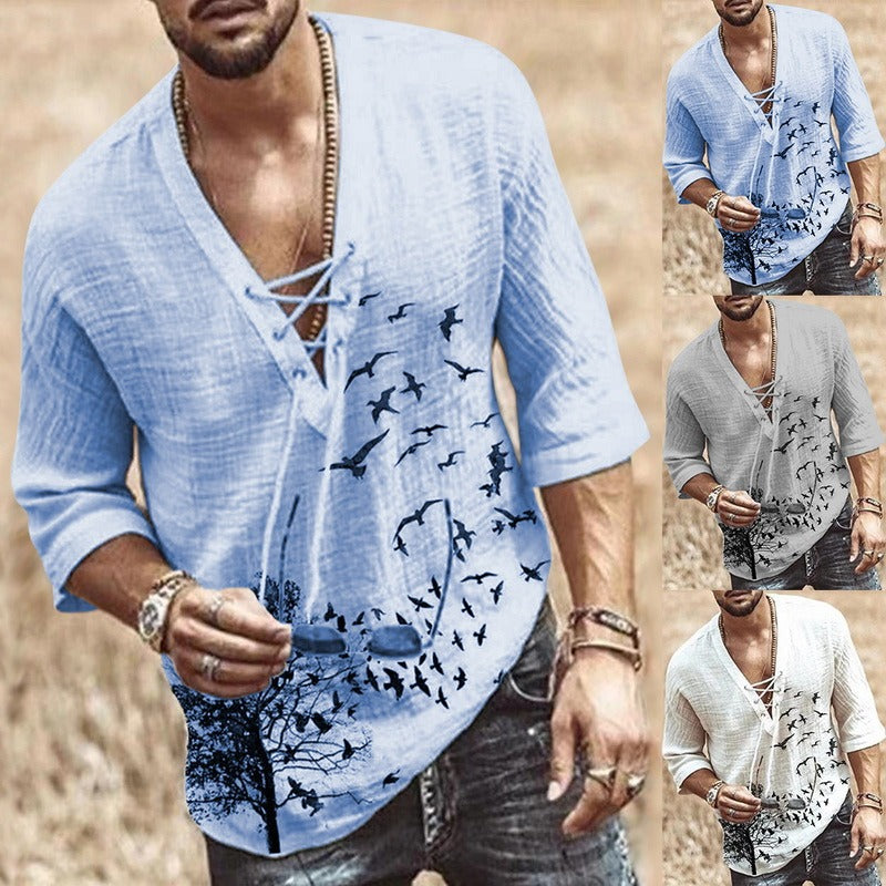 Men's Fashion Hippie Linen Shirt Bird Printed Casual Middle Sleeve V - General Store 44