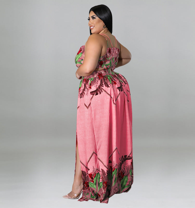 Plus Size Women Floral Spaghetti Strap V-neck High Waist Boho Maxi - General Store 44