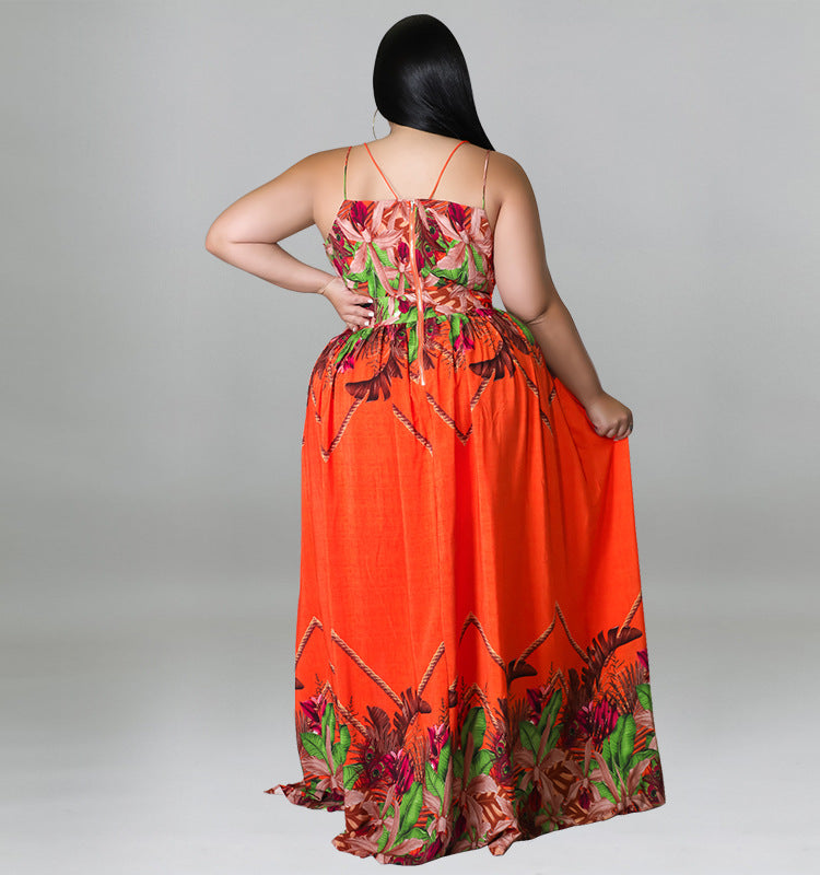 Plus Size Women Floral Spaghetti Strap V-neck High Waist Boho Maxi - General Store 44