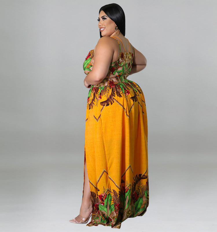 Plus Size Women Floral Spaghetti Strap V-neck High Waist Boho Maxi - General Store 44