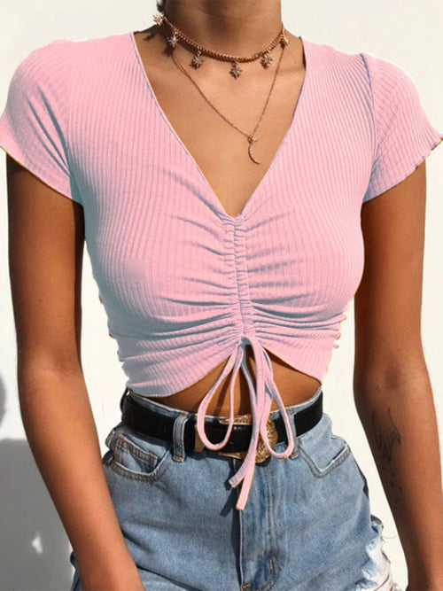Sexy V Neck Cropped Tank Tops Women Drawstring Tie Up Front Camis - General Store 44