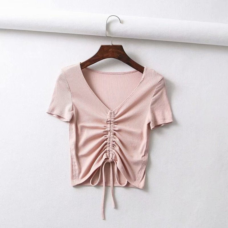 Sexy V Neck Cropped Tank Tops Women Drawstring Tie Up Front Camis - General Store 44