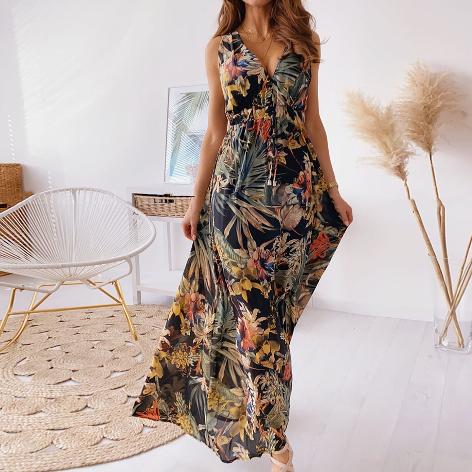 Women's Summer Long Dress Women Beach Floral Print Sundress Fashion - General Store 44