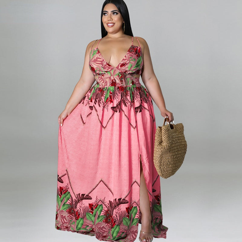 Plus Size Women Floral Spaghetti Strap V-neck High Waist Boho Maxi - General Store 44